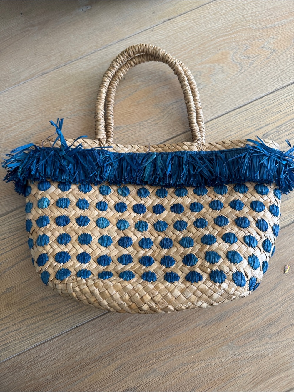 Woven Straw Tote with Blue Fringe and Pom Accents